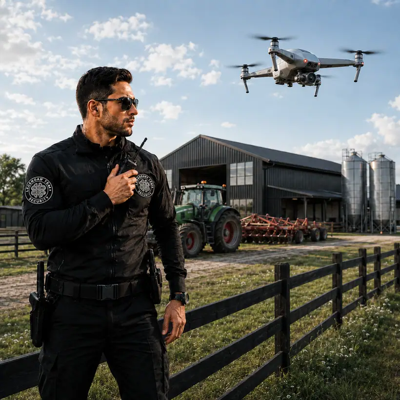 Agent de securitate și dronă în mediul rural